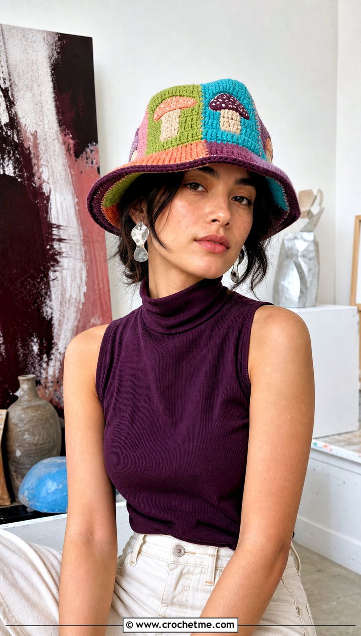 Patchwork Mushroom Crochet Hat With Artsy Outfit - 25 mushroom crochet hat outfit ideas