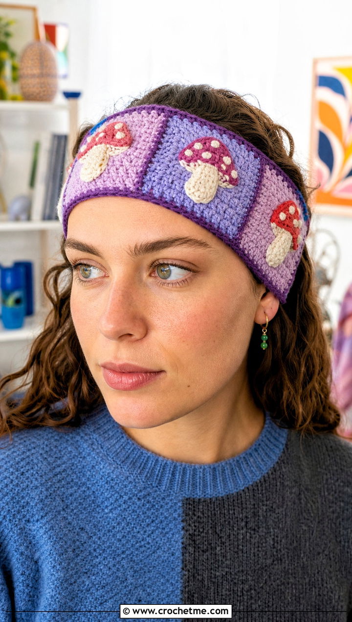 Patchwork Mushroom Crochet Headband With Color Block Sweater - 25 Crochet Mushroom Headband outfit ideas