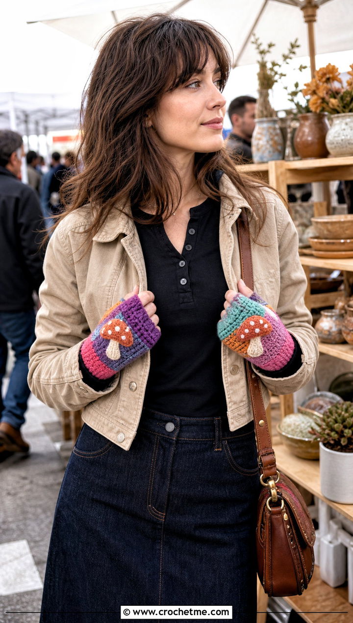 Patchwork Mushroom Gloves With Denim Maxi Skirt - 20 Crochet Mushroom Gloves outfit ideas