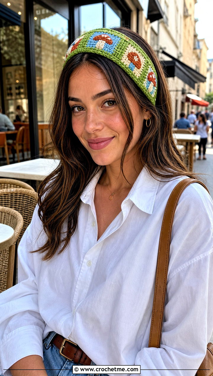 Patchwork Mushroom Headband With White Shirt And Jeans - 25 mushroom crochet headband outfit ideas