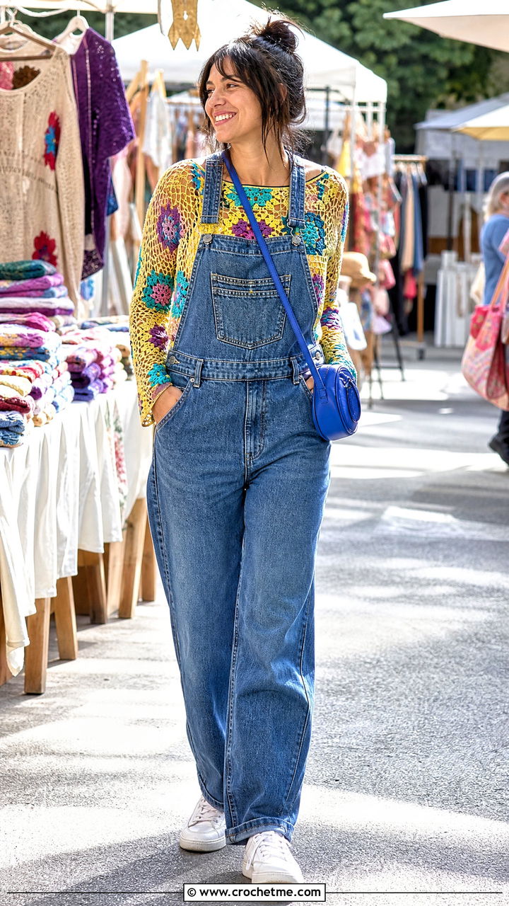 Patchwork Net Top With Denim Overalls - 35 crochet net top outfit ideas