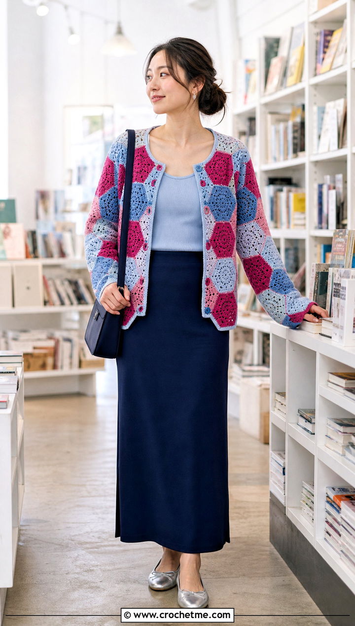 Patchwork Octagon Crochet Cardigan With Column Skirt - 25 Octagon Crochet Cardigan outfit ideas