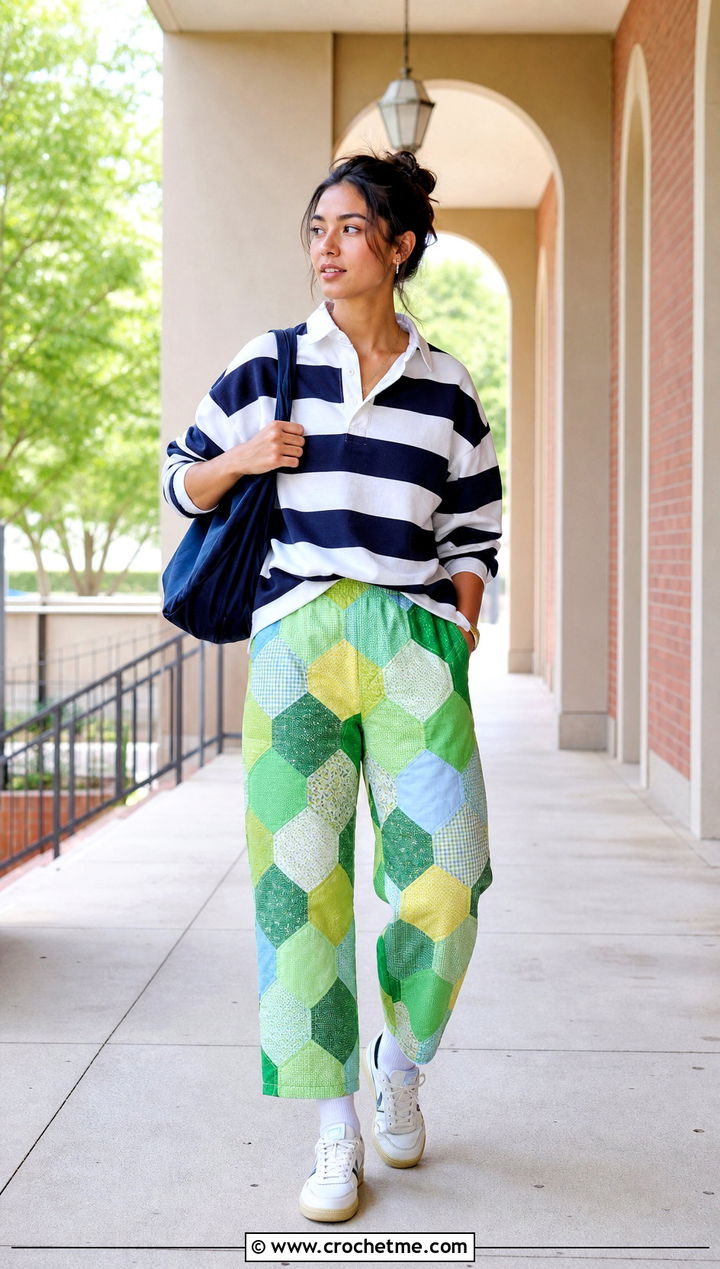 Patchwork Octagon Pants With Rugby Shirt - 15 Crochet Octagon Pants outfit ideas
