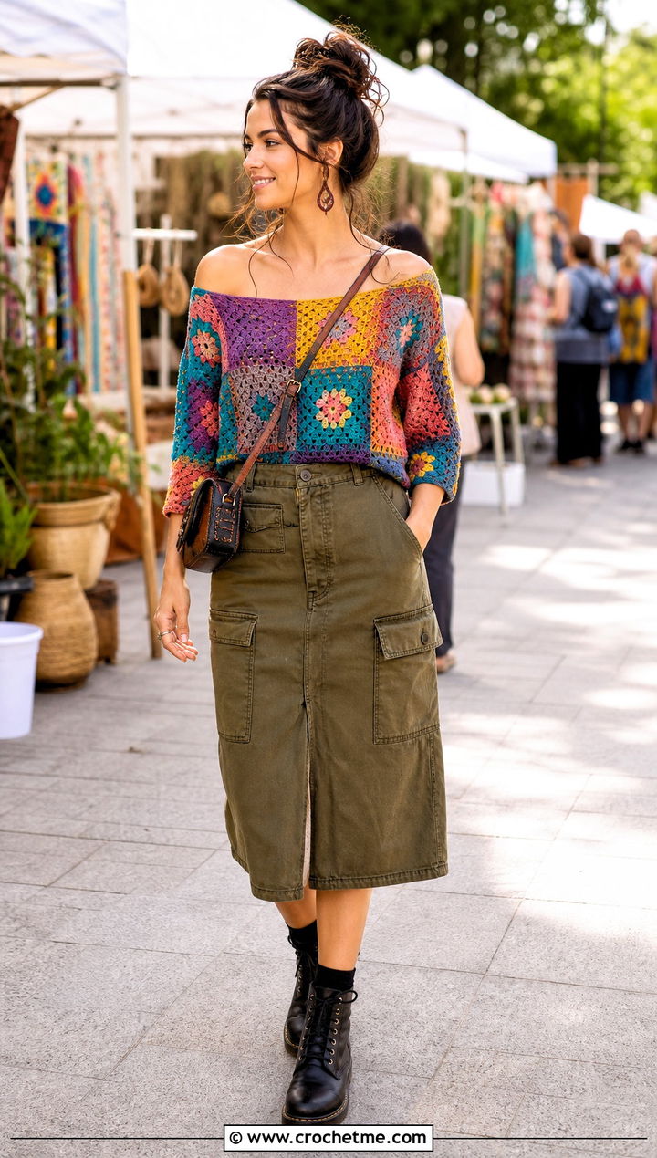 Patchwork Off Shoulder Crochet Top With Utility Skirt - 30 Off Shoulder Crochet Top outfit ideas