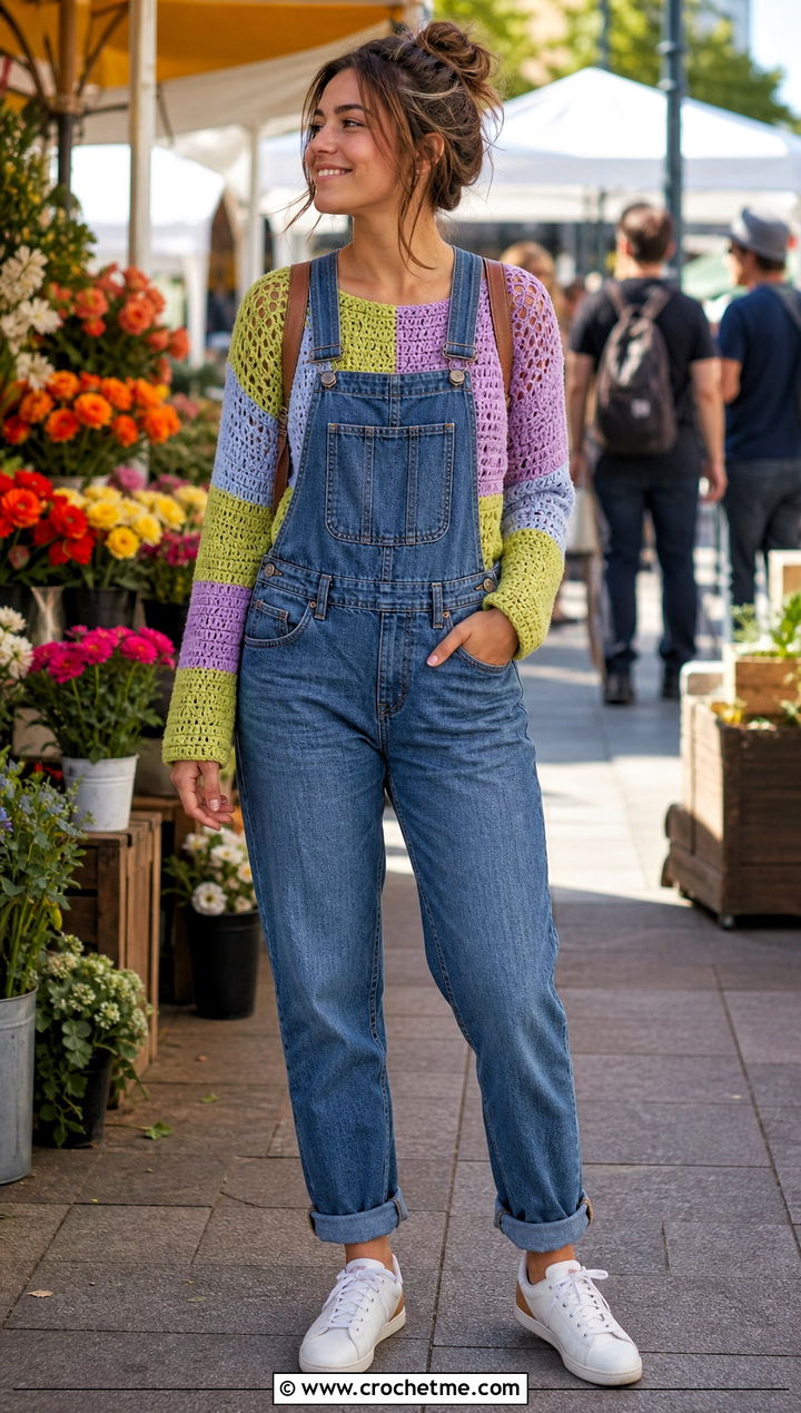 Patchwork One Panel Crochet Sweater With Denim Overalls - 30 One Panel Crochet Sweater outfit ideas