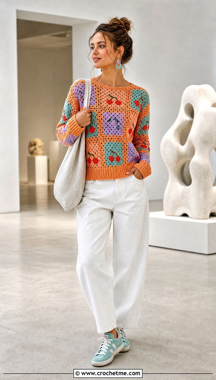 Patchwork Orange Crochet Sweater With White Barrel Jeans - 15 orange crochet sweater design outfit ideas