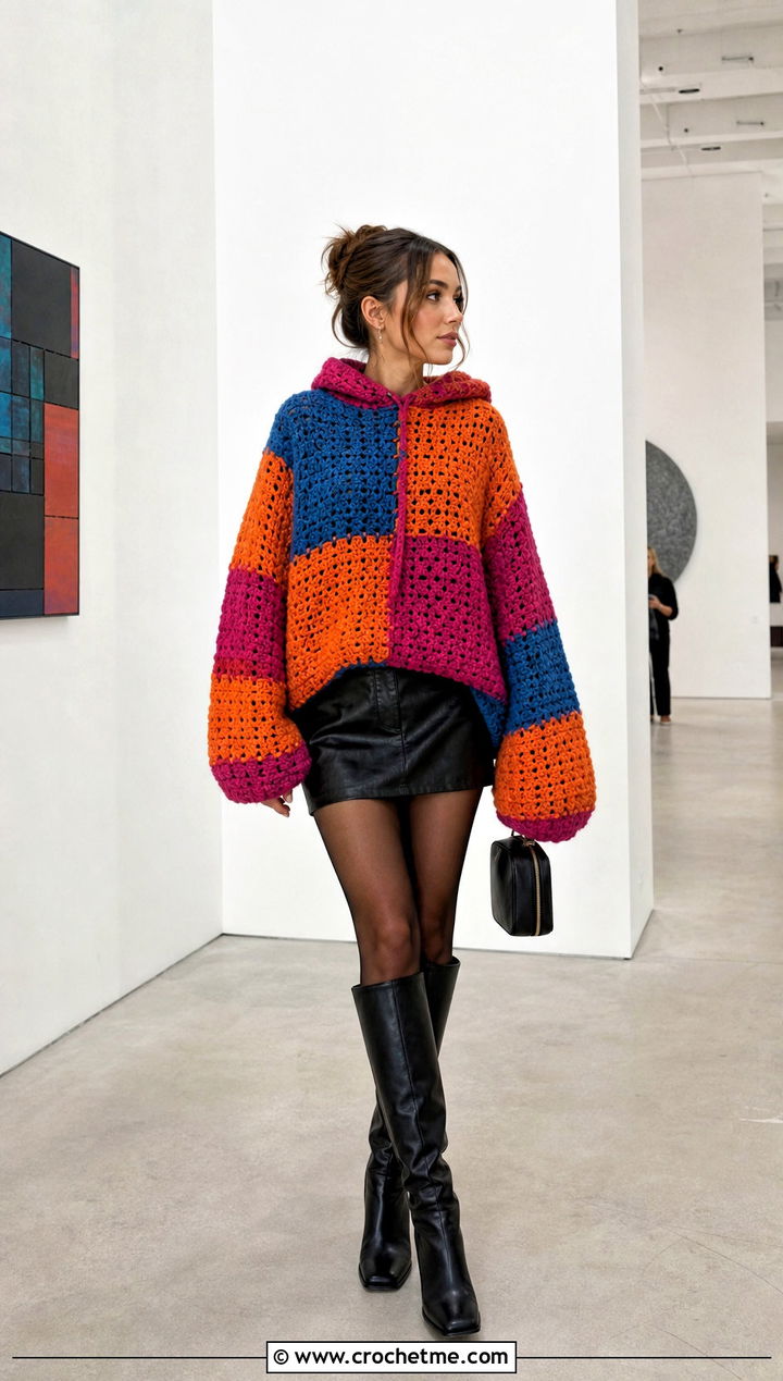 Patchwork Oversized Crochet Hoodie With Black Mini Skirt - 20 oversized crochet hoodie outfit ideas