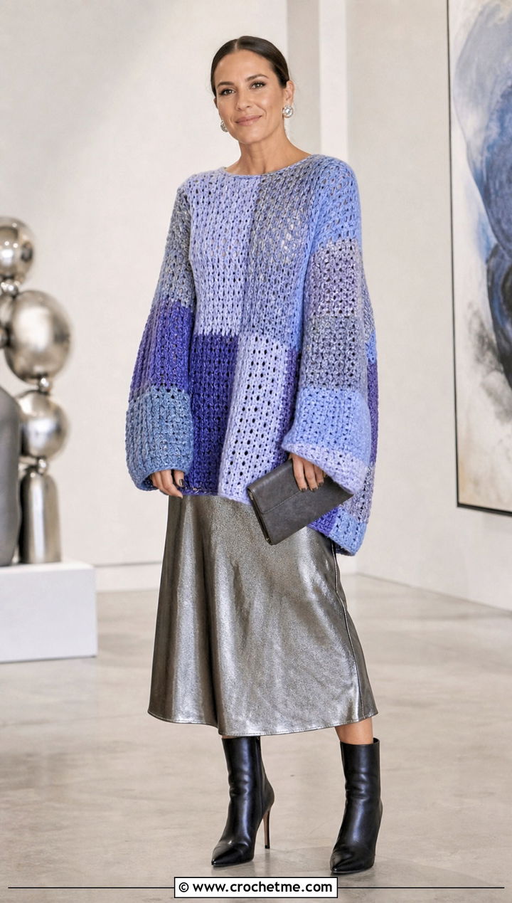Patchwork Oversized Crochet Jumper With Metallic Midi Skirt - 25 oversized crochet jumper outfit ideas