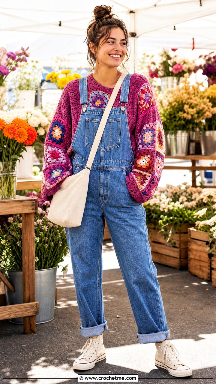 Patchwork Oversized Crochet Sweater With Denim Overalls - 35 oversized crochet sweater outfit ideas