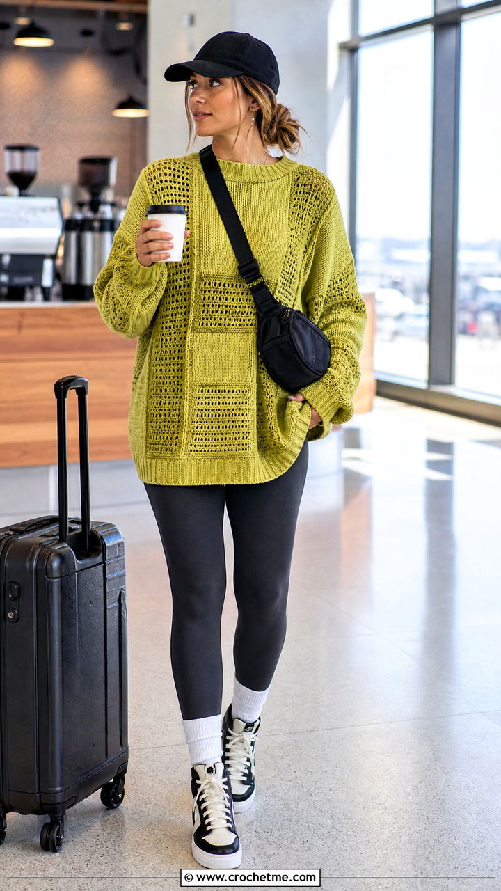 Patchwork Oversized Crochet Sweater With Leggings - 35 crochet sweater design for women outfit ideas