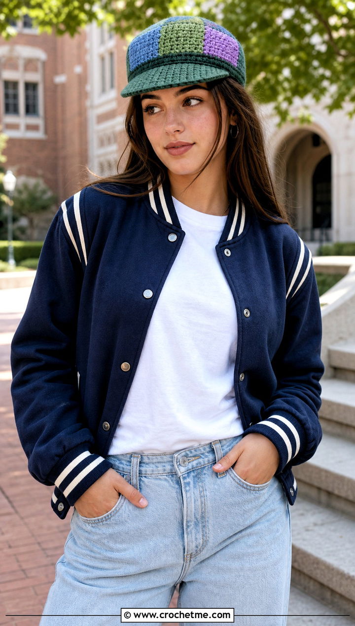 Patchwork Patrol Crochet Police Hat With Varsity Jacket And Jeans - 30 crochet police hat outfit ideas