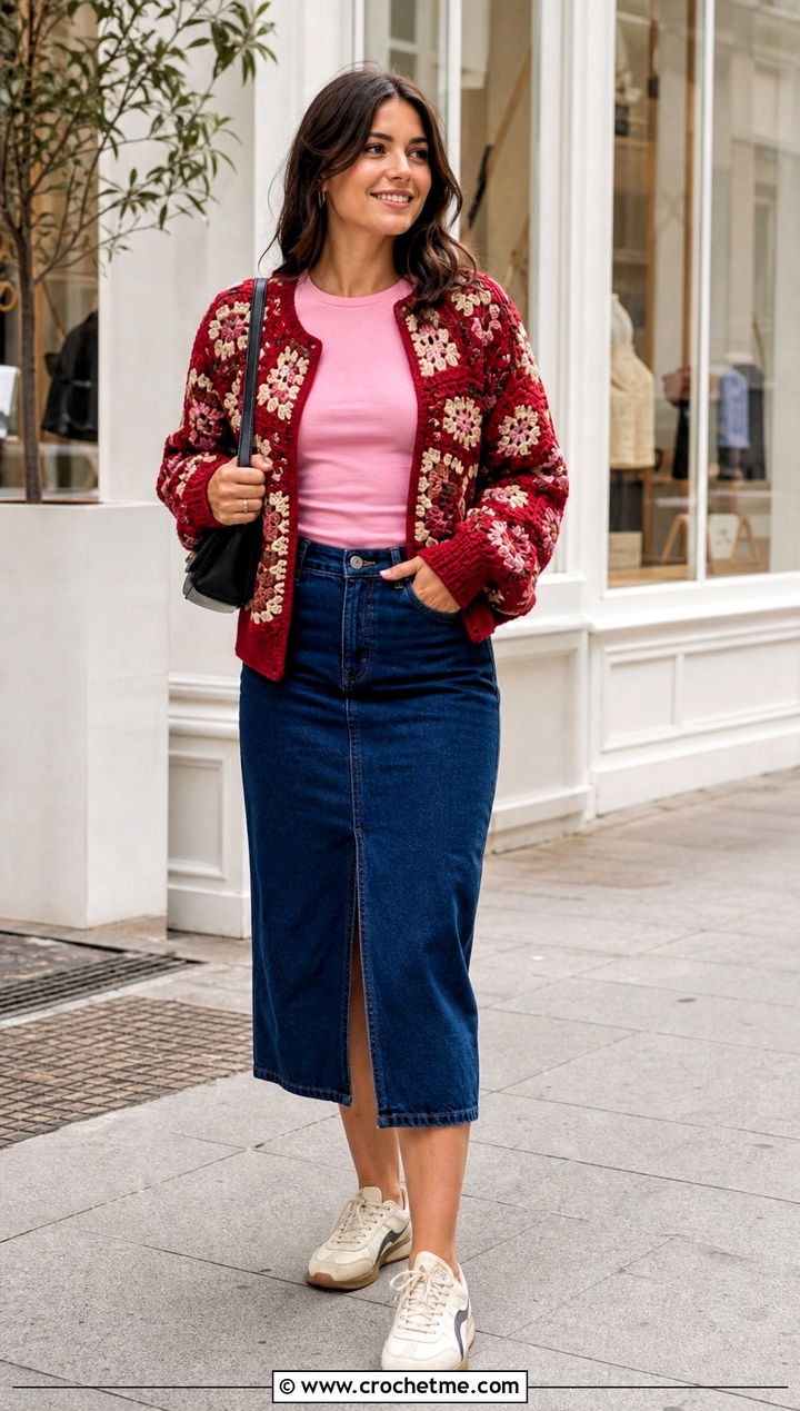 Patchwork Pentagon Granny Square Cardigan With Denim Midi Skirt - 25 Pentagon Granny Square Cardigan outfit ideas