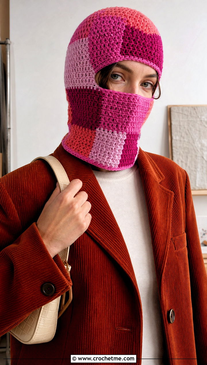Patchwork Pink Crochet Balaclava With Corduroy Suit - 25 Pink Crochet Balaclava outfit ideas
