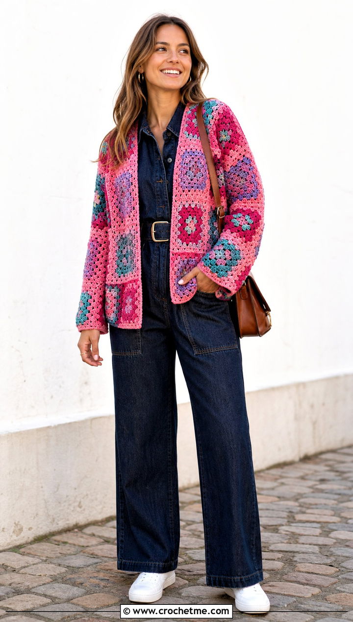 Patchwork Pink Granny Square Cardigan With a Denim Jumpsuit - 35 pink granny square cardigan outfit ideas