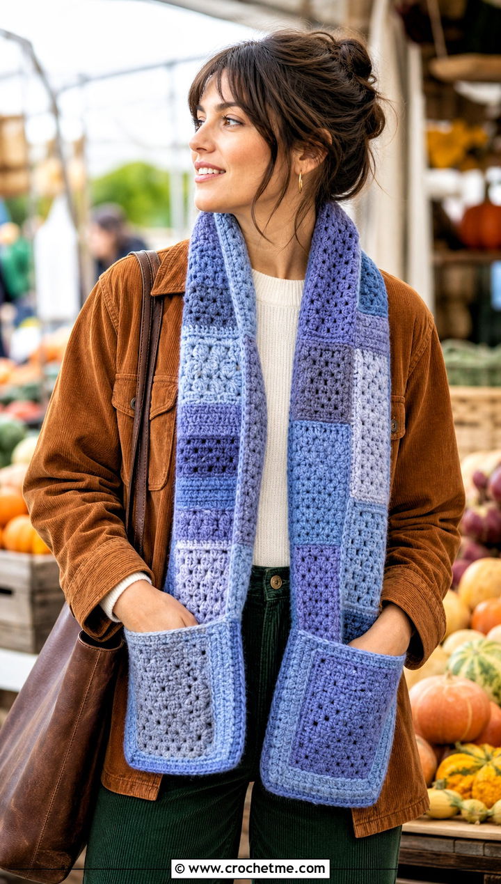 Patchwork Pocket Scarf With Corduroy Outfit - 25 crochet pocket scarves outfit ideas