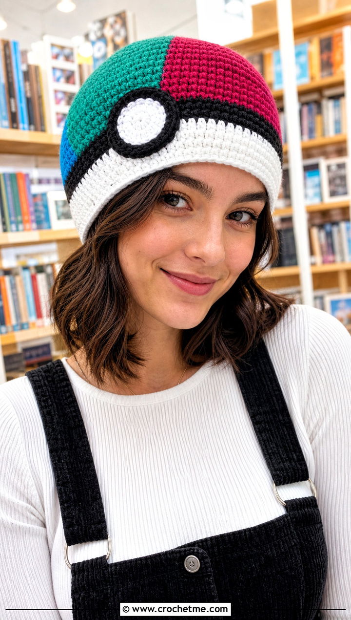 Patchwork Pokeball Crochet Beanie With Overall Dress Outfit - 20 Pokeball Crochet Hat outfit ideas