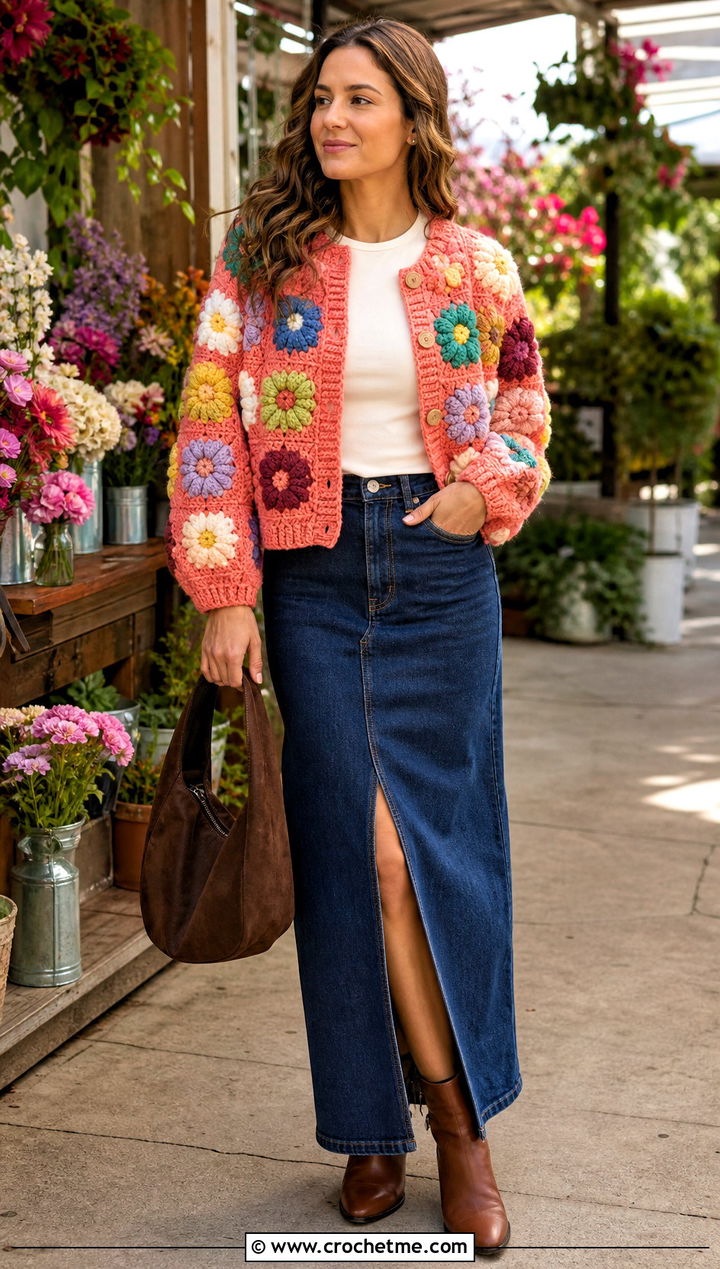 Patchwork Puff Flower Cardigan With Denim Maxi Skirt - 15 Crochet Puff Flower Cardigan outfit ideas