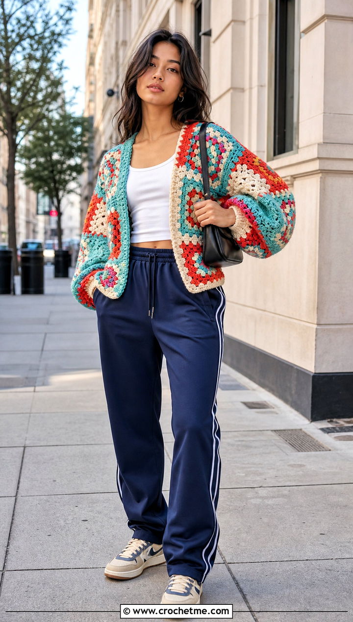 Patchwork Puff Sleeve Cardigan With Track Pants - 25 Crochet Puffy Sleeves Cardigan outfit ideas