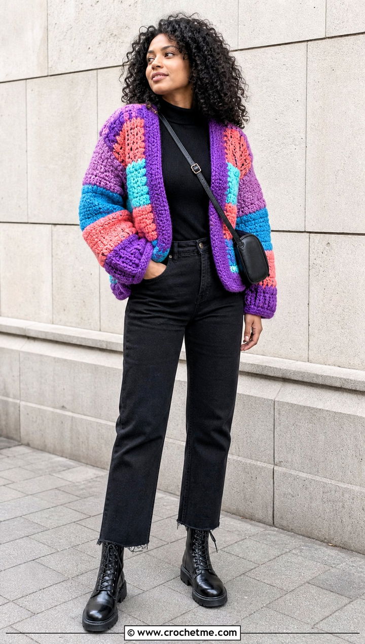 Patchwork Puffy Crochet Cardigan With Black Jeans - 30 puffy crochet cardigan outfit ideas
