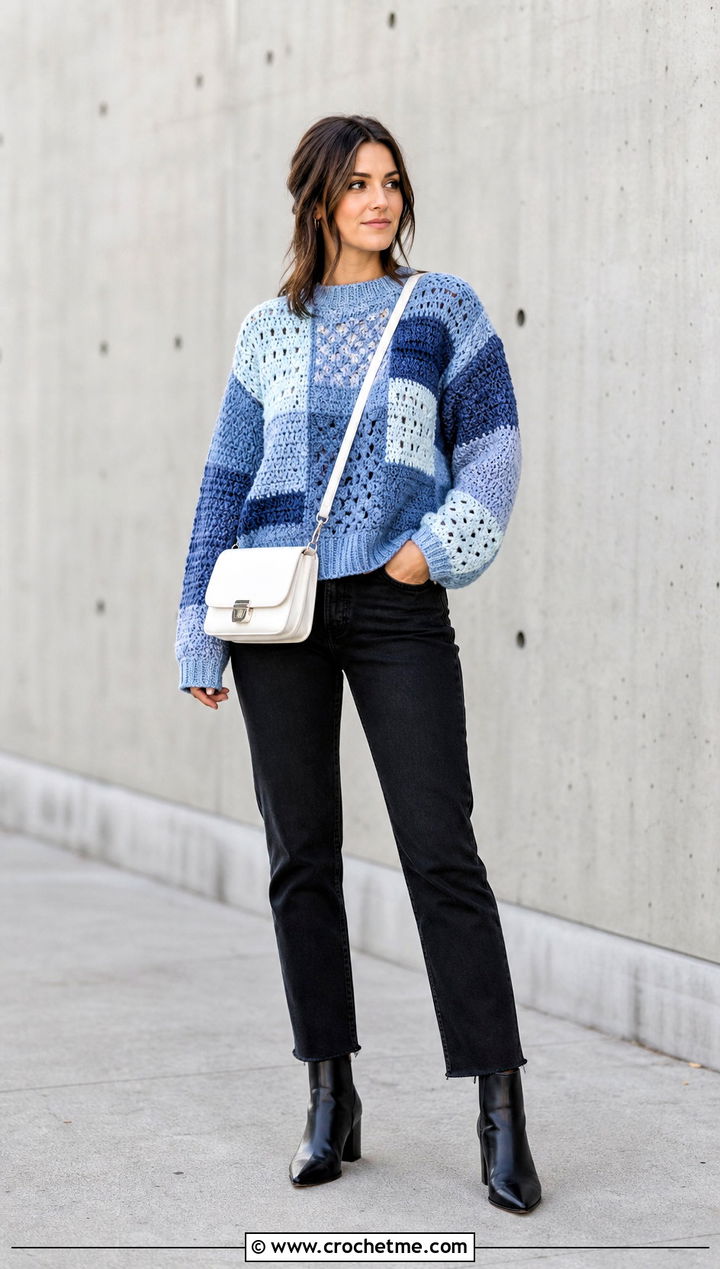 Patchwork Pullover Crochet Sweater With Black Jeans - 30 Pullover Crochet Sweater outfit ideas