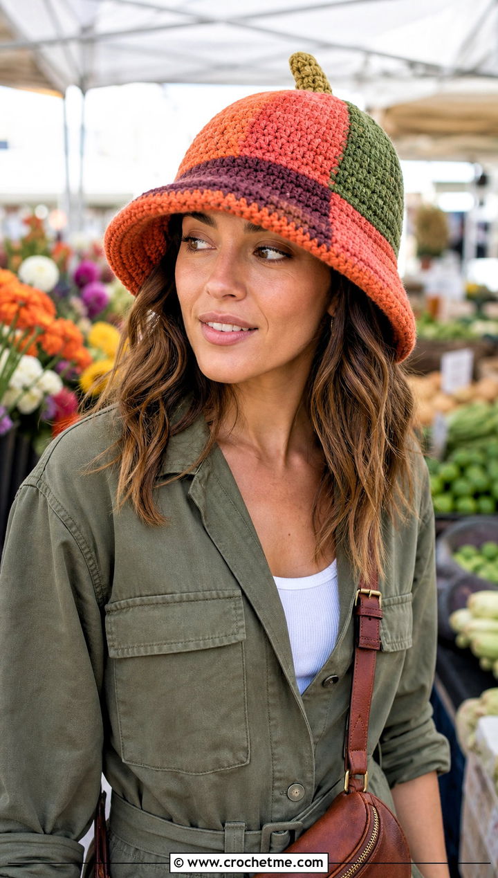 Patchwork Pumpkin Bucket Hat With Utility Jumpsuit - 30 crochet pumpkin bucket hat outfit ideas