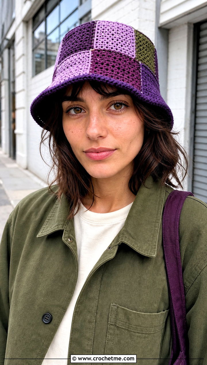 Patchwork Purple Crochet Bucket Hat With Workwear Jacket - 30 purple crochet bucket hat outfit ideas