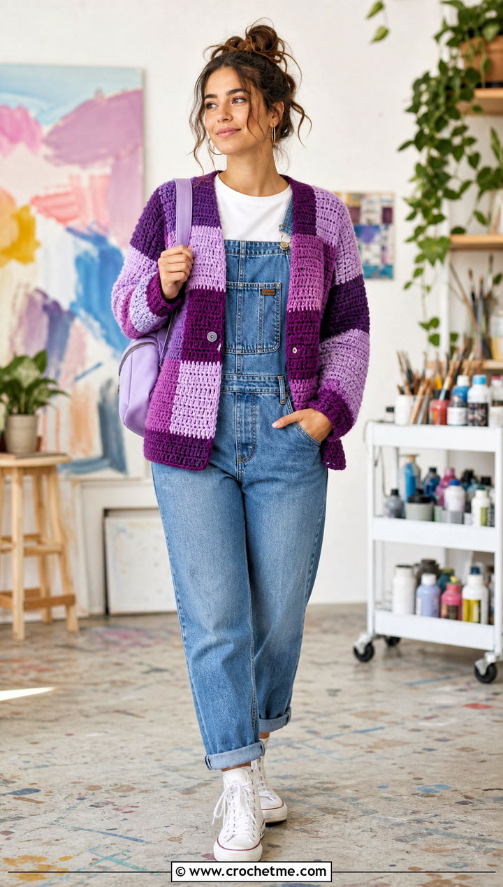 Patchwork Purple Crochet Cardigan With Denim Overalls - 35 purple crochet cardigan outfit ideas