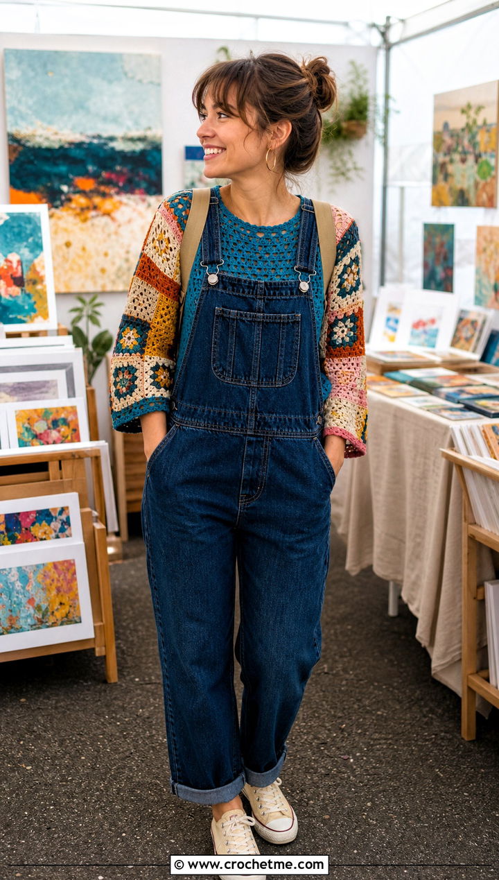 Patchwork Raglan Crochet Top With Denim Overalls - 35 raglan crochet top outfit ideas