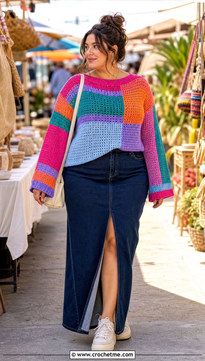 Patchwork Rainbow Striped Crochet Sweater With A Denim Maxi Skirt - 15 rainbow striped crochet sweater outfit ideas