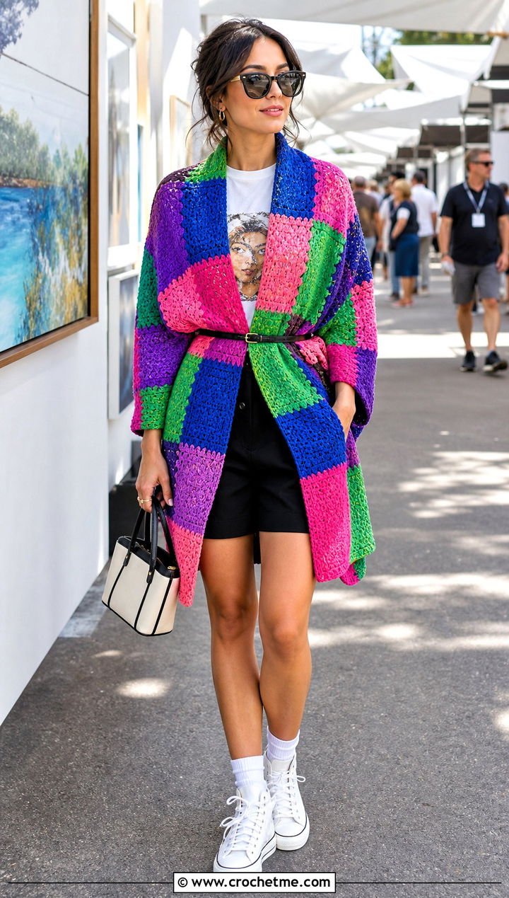 Patchwork Rectangle Crochet Shawl With Tailored Shorts - 20 Rectangle Crochet Shawl outfit ideas