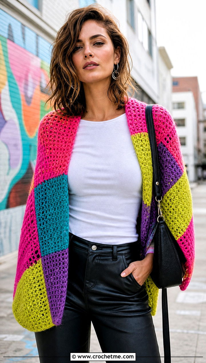 Patchwork Rectangular Crochet Shawl With White Tee And Leather Pants - 30 rectangular crochet shawls outfit ideas