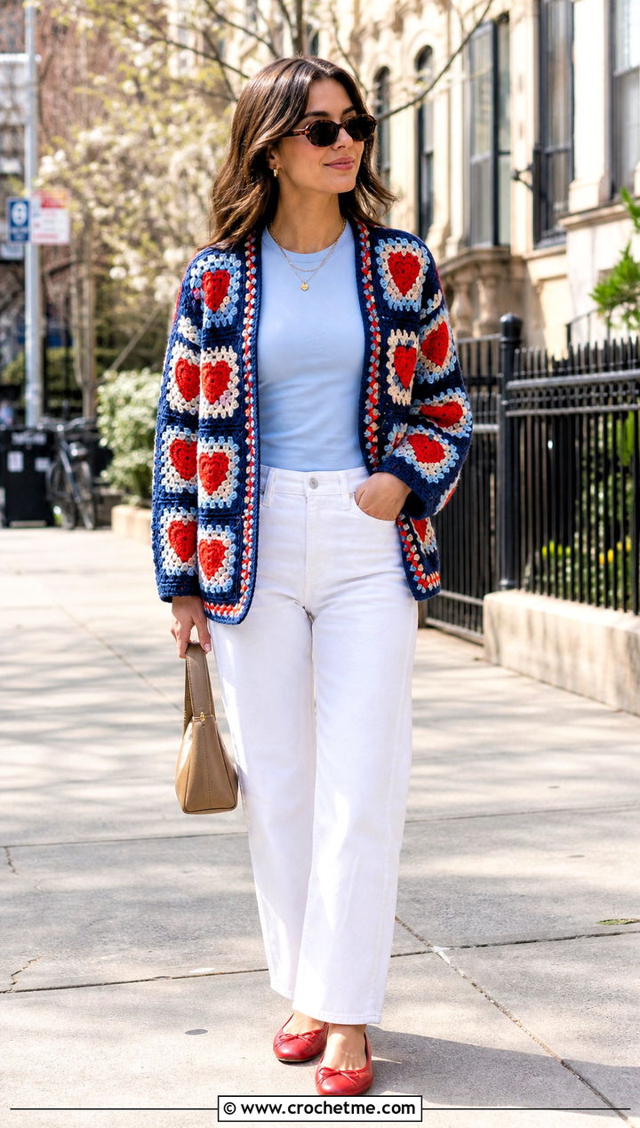 Patchwork Red Heart Granny Square Cardigan With White Jeans - 15 red heart granny square cardigan outfit ideas