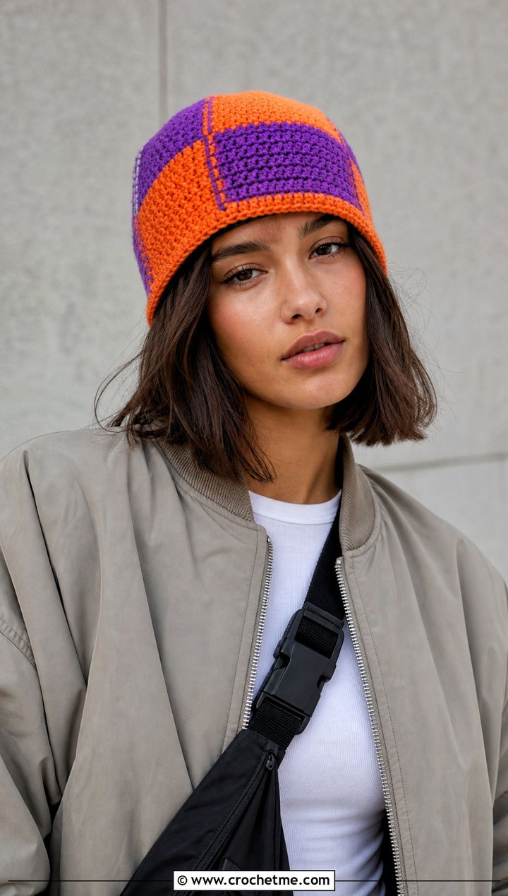 Patchwork Reversible Crochet Beanie With Cargo Pants - 15 Reversible Crochet Beanie outfit ideas