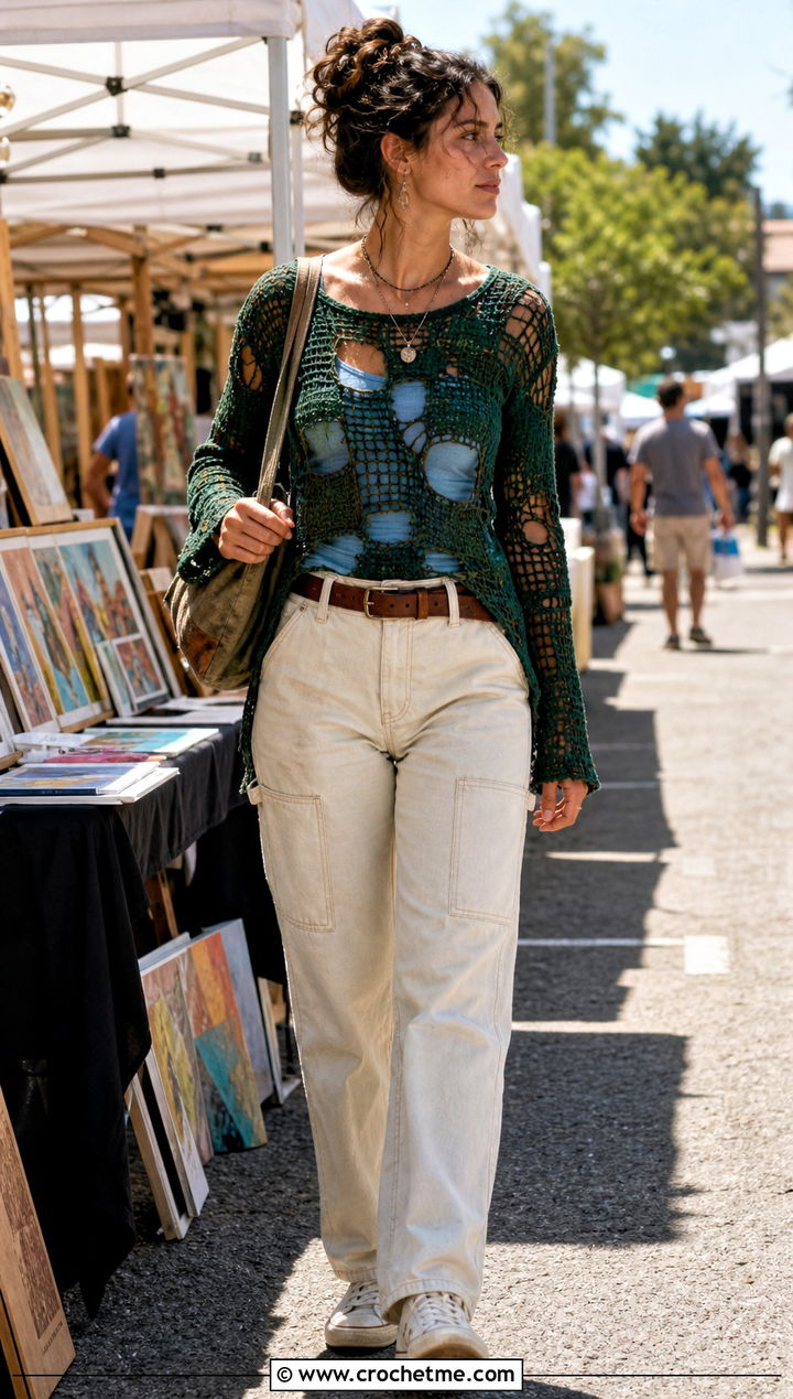 Patchwork Ripped Crochet Top With Carpenter Jeans - 25 Ripped Crochet Top outfit ideas