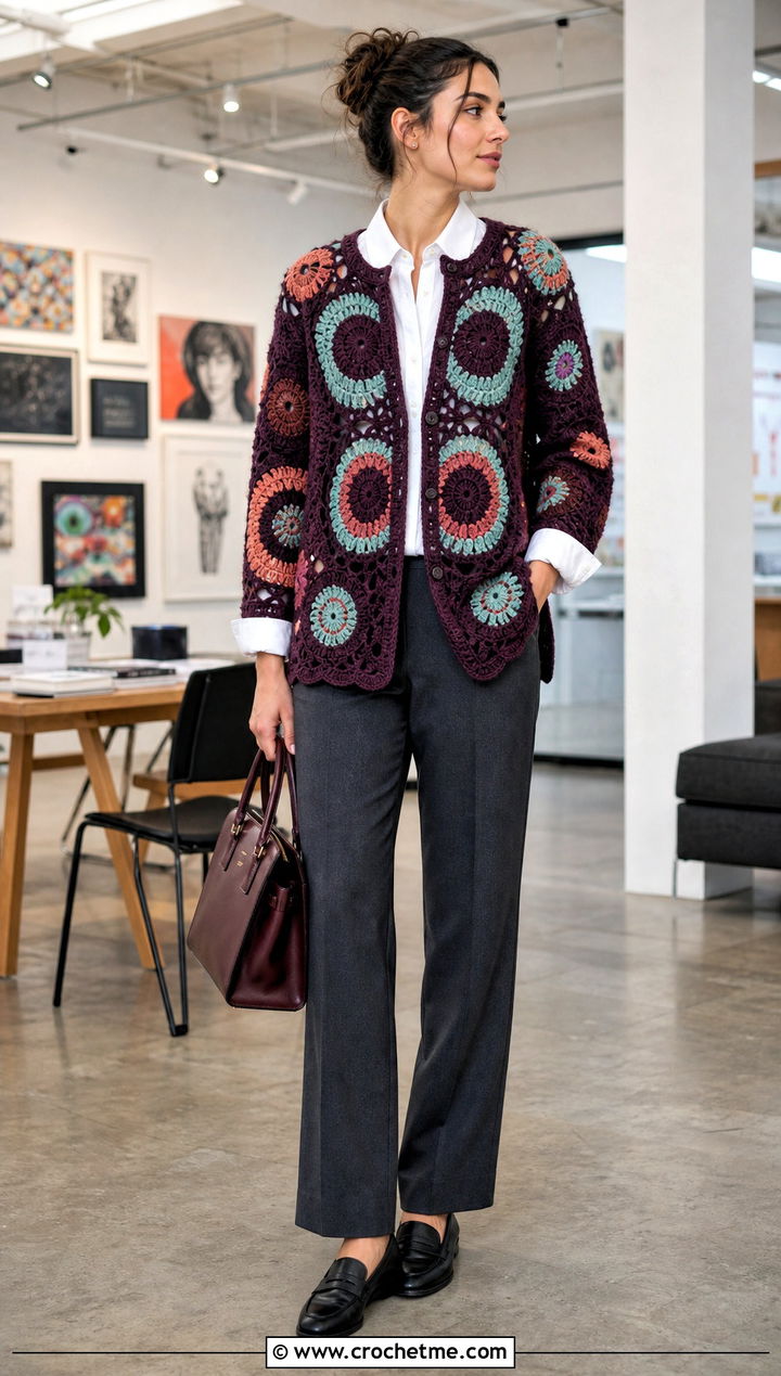 Patchwork Round Crochet Cardigan With White Shirt - 35 round crochet cardigan outfit ideas