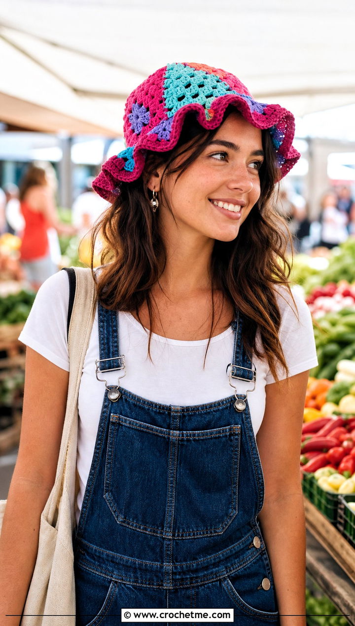 Patchwork Ruffle Crochet Bucket Hat With Denim Overalls - 25 ruffled crochet bucket hat outfit ideas