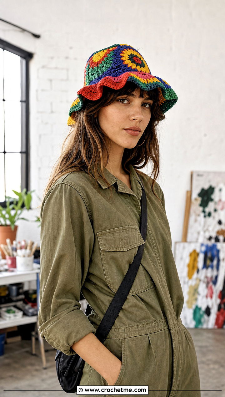 Patchwork Ruffle Crochet Bucket Hat With Utility Jumpsuit - 25 Crochet Bucket Hat With Ruffles outfit ideas