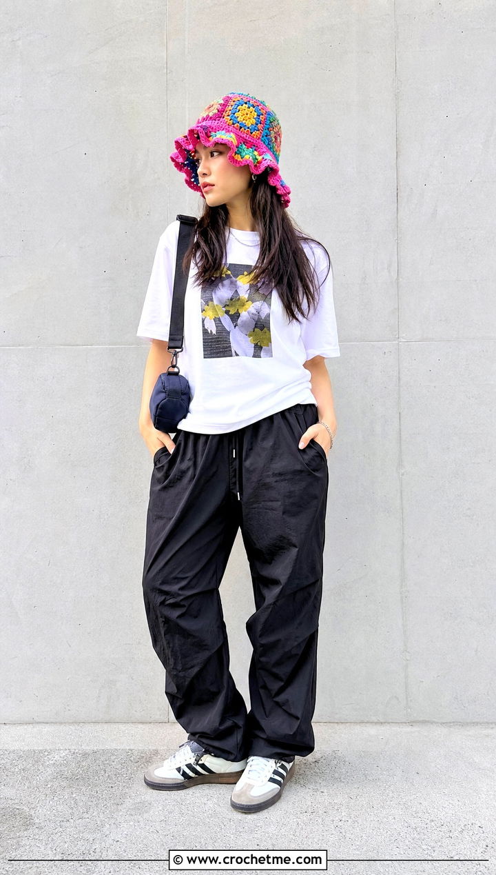 Patchwork Ruffle Crochet Hat With Graphic T Shirt And Parachute Pants - 35 ruffled crochet hat outfit ideas