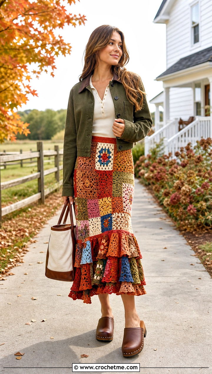 Patchwork Ruffle Crochet Midi Skirt With Barn Jacket - 35 crochet skirt with ruffles outfit ideas