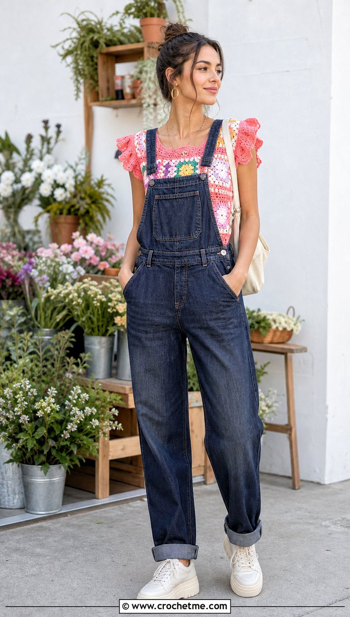 Patchwork Ruffle Sleeve Crochet Top With Denim Overalls - 30 crochet ruffle sleeve top outfit ideas