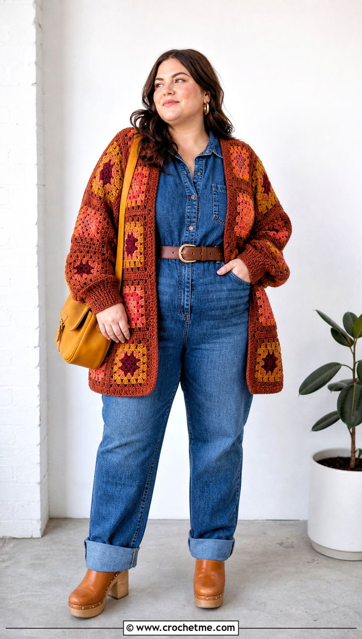Patchwork Rust Colored Crochet Cardigan With Denim Jumpsuit - 15 rust-colored crochet cardigan outfit ideas