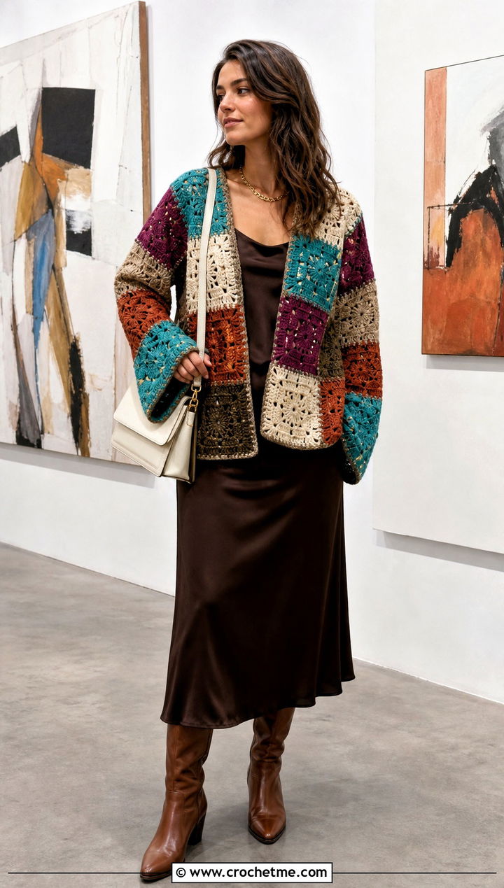 Patchwork Rustic Crochet Sweater With Slip Dress - 15 Rustic Crochet Sweater outfit ideas