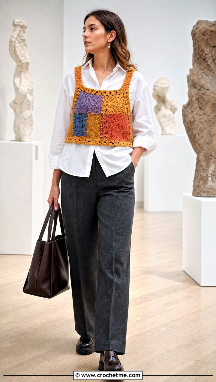 Patchwork Rustic Crochet Tank Top With Shirt And Wool Trousers - 15 rustic crochet tank top outfit ideas