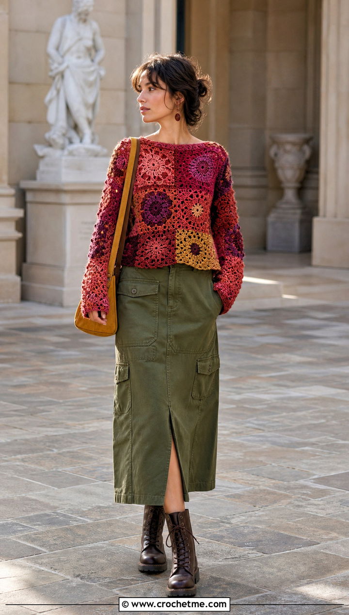 Patchwork Rustic Red Crochet Sweater With Utility Skirt - 15 rustic red crochet sweater outfit ideas