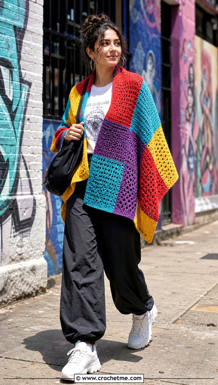 Patchwork Sampler Tunisian Shawl With Parachute Pants - 35 tunisian crochet shawl outfit ideas