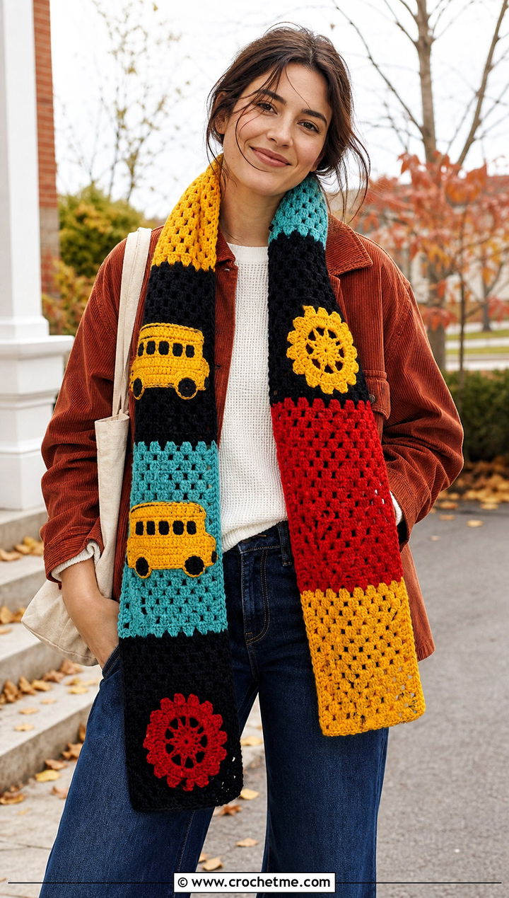 Patchwork School Bus Scarf With Corduroy Overshirt - 25 Crochet School Bus Scarf outfit ideas