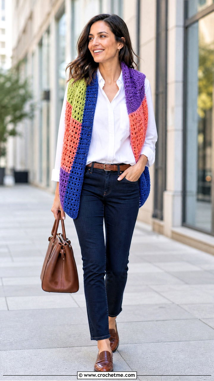 Patchwork Scoodie With White Shirt And Tailored Jeans - 35 crochet hooded scarf outfit ideas