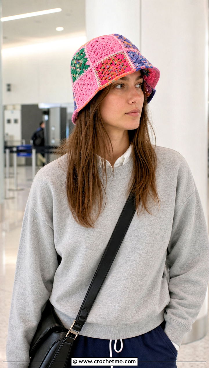 Patchwork Scrap Happy Crochet Bucket Hat With Sweatshirt And Track Pants - 15 Scrap Happy Crochet Bucket Hat outfit ideas
