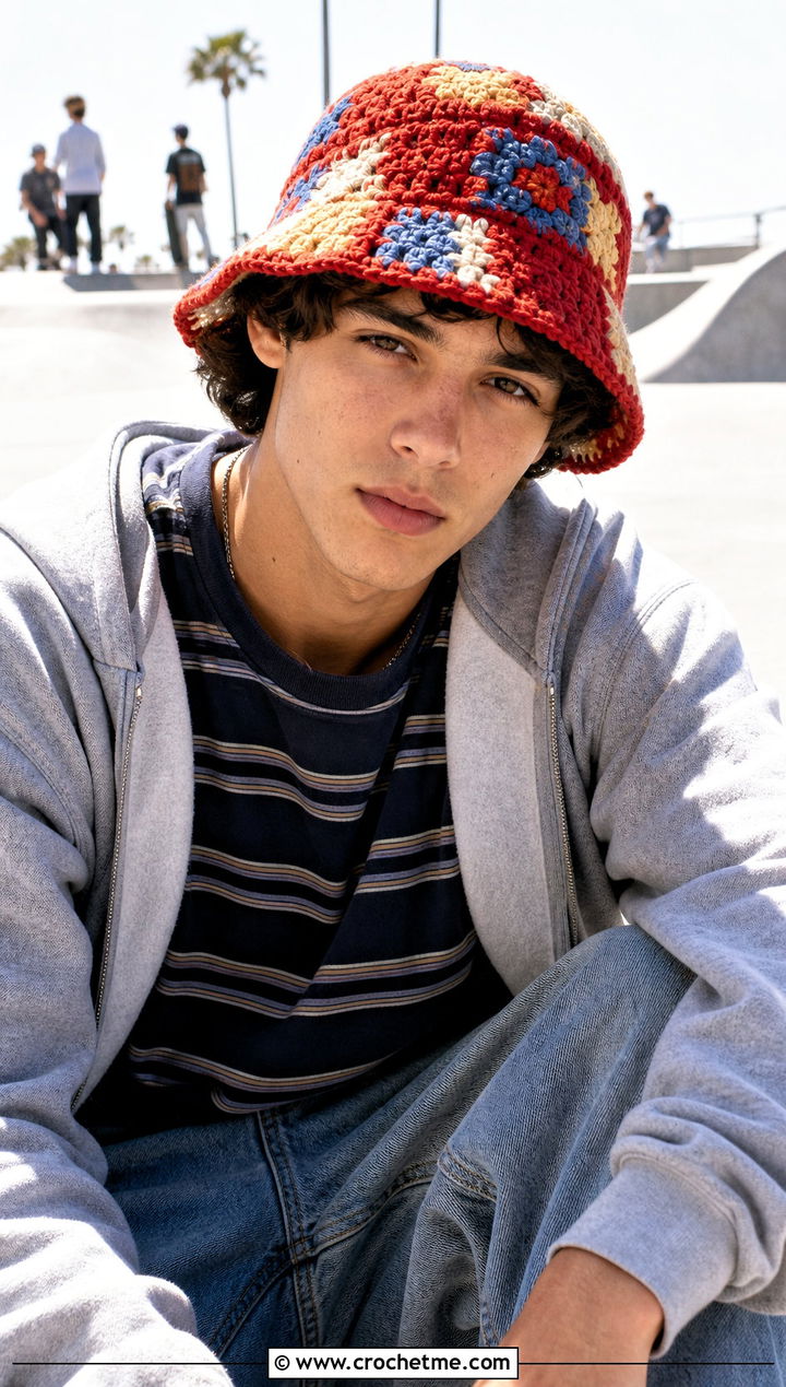 Patchwork Scrap Yarn Bucket Hat With Skater Shirt And Loose Jeans - 15 Crochet Mens Bucket Hat outfit ideas