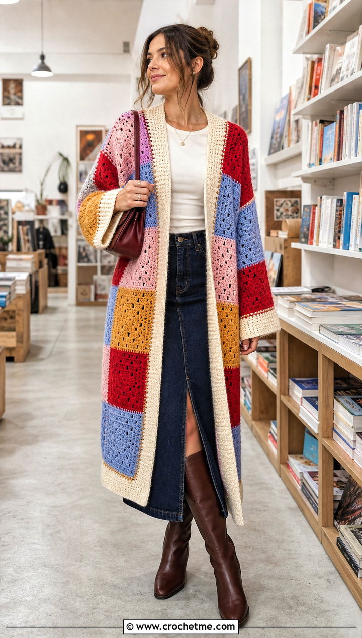 Patchwork Shawl Crochet Cardigan With Denim Midi Skirt - 25 Shawl Crochet Cardigan outfit ideas